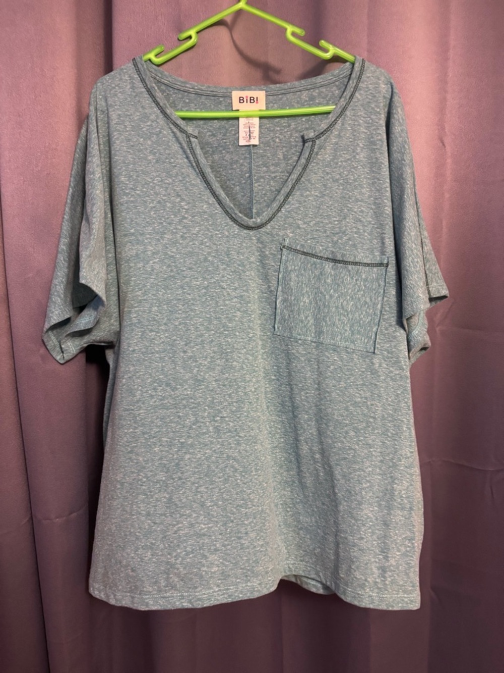 BiBi Heathered Light Blue V-Neck Pocket Tee
